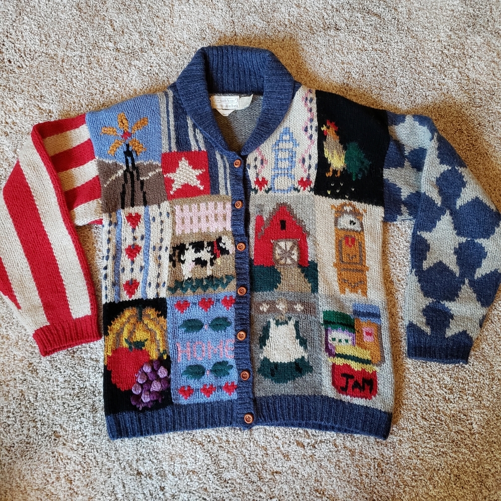 Vintage The Eagle's Eye Hand Knit Wool USA Patriotic Farm Cardigan Sweat…